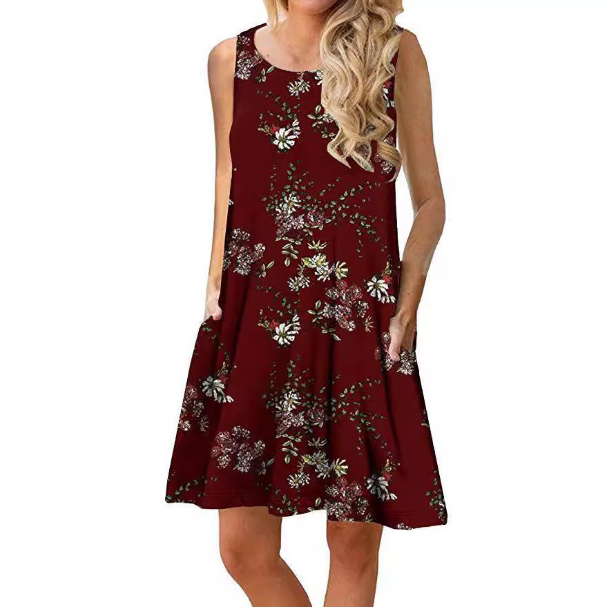 Ärmelloses Damen-Minikleid mit Blumenmuster und praktischen Seitentaschen, Größe