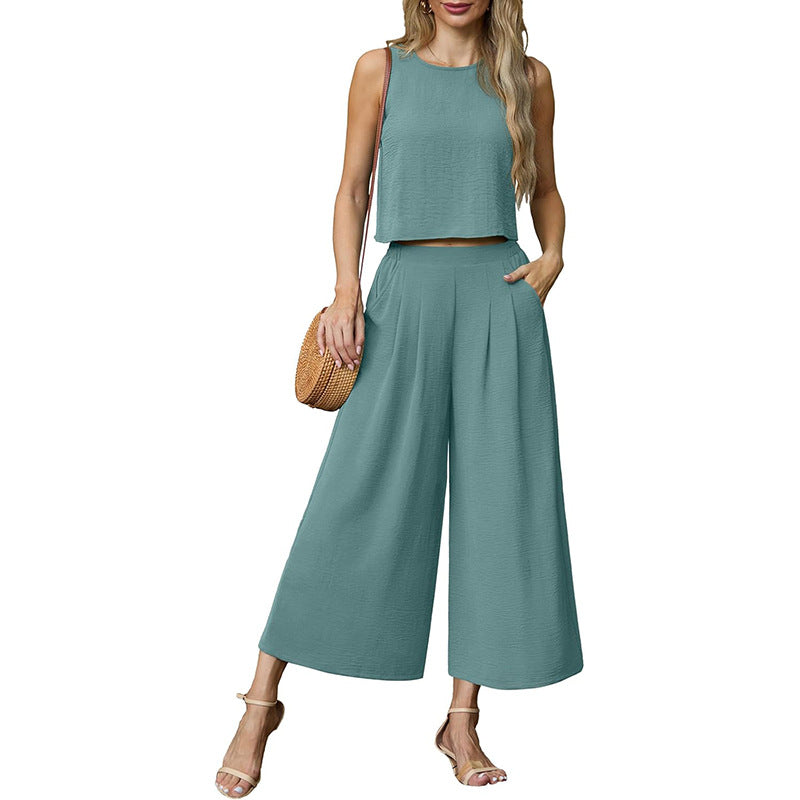Luftiges Zweiteiler-Set für Damen mit weit geschnittener Hose und ärmellosem Oberteil, Größe [size]