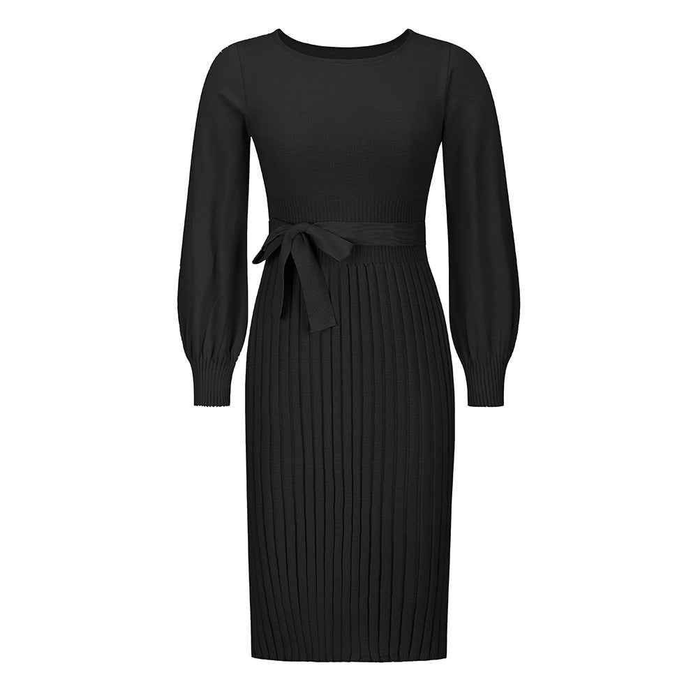 Damen-Strickkleid mit verstellbarem Gürtel und langen Ärmeln, Größe