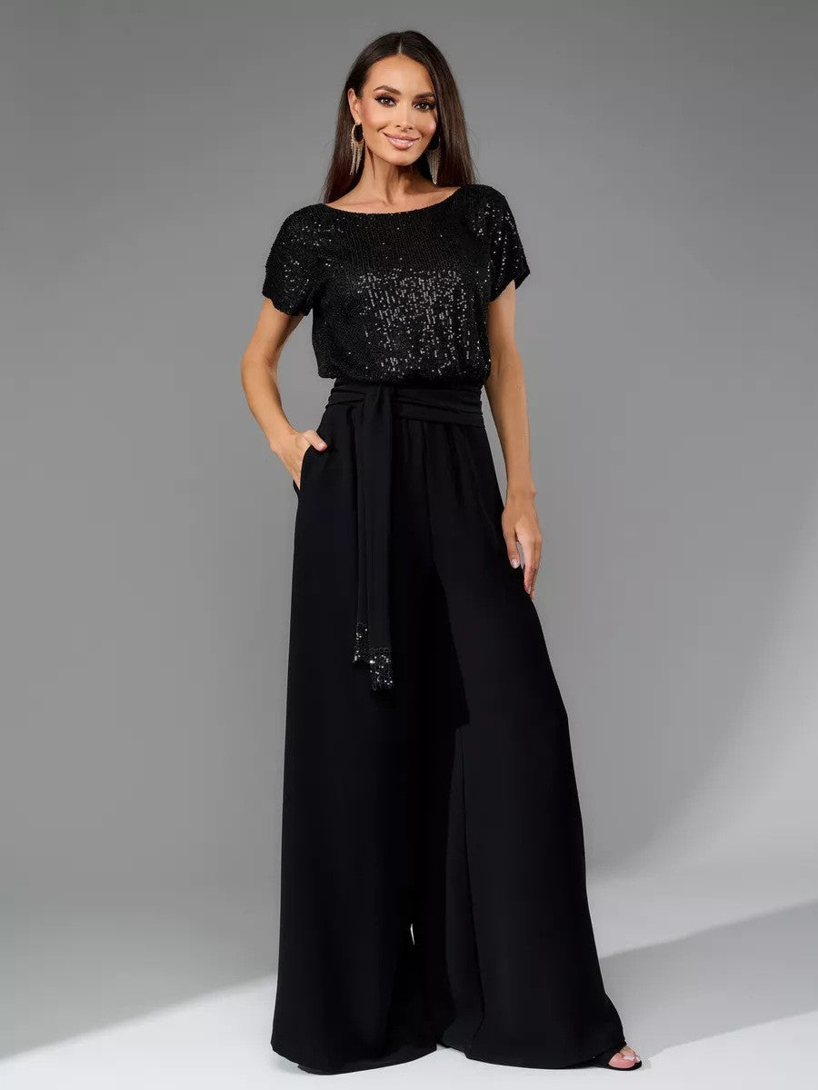 Damen-Glamour-Jumpsuit mit Glitzeroberteil und weit geschnittener Hose, Größe