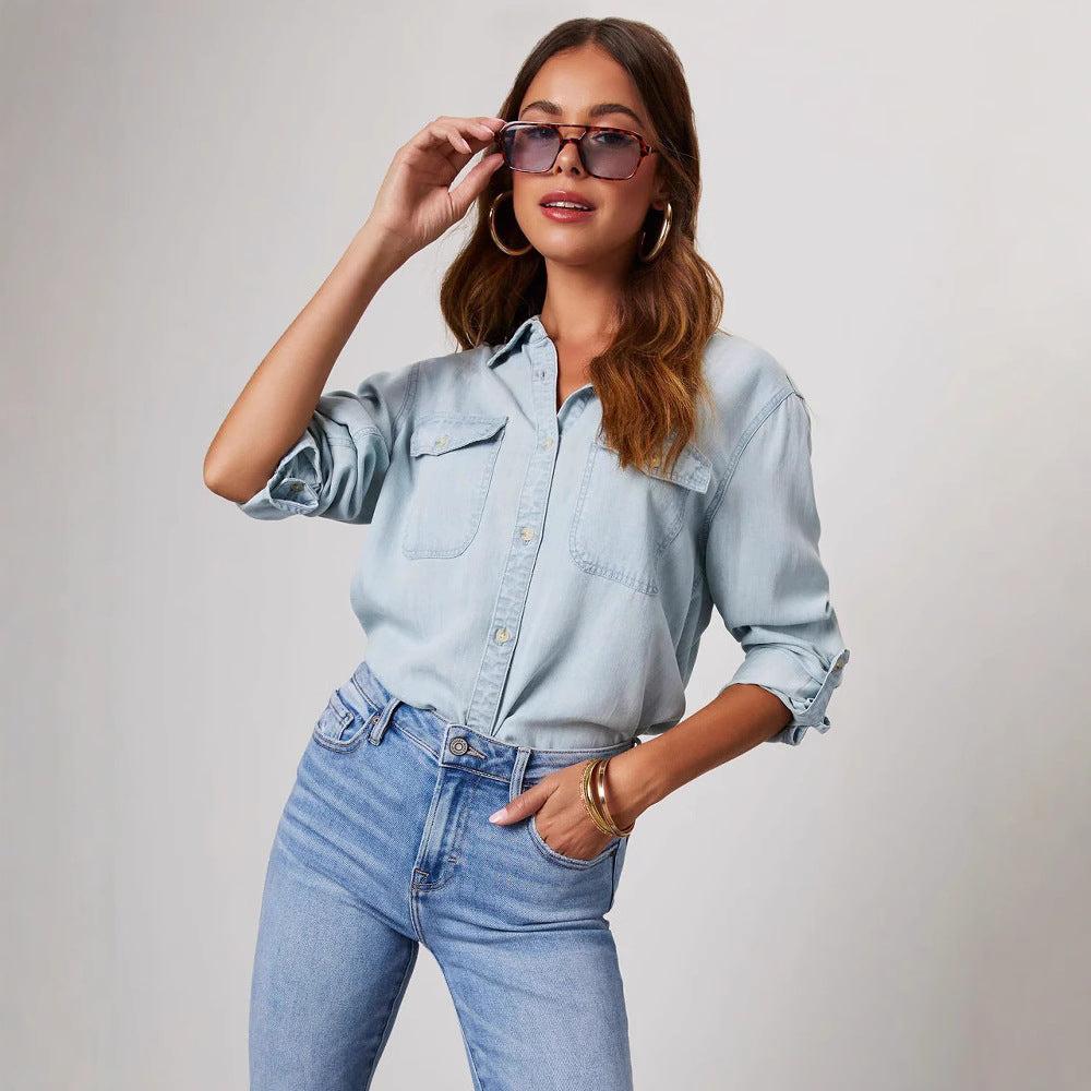Damen-Jeanshemd mit Krempelärmeln und zwei Brusttaschen, Größe S