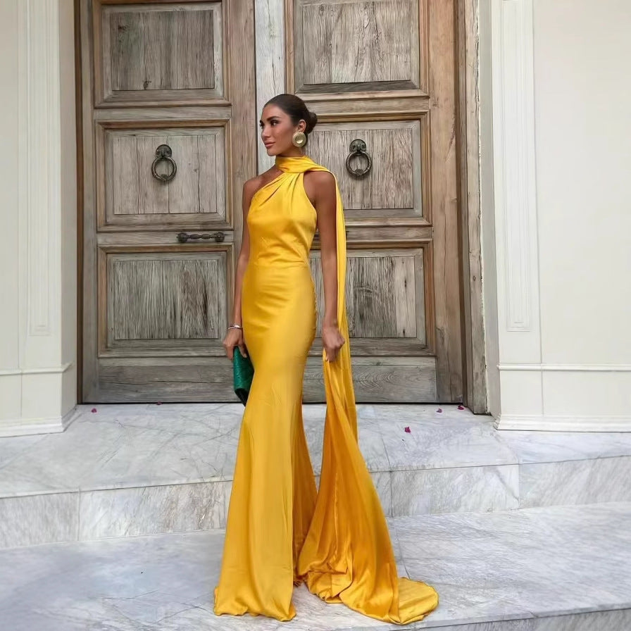 Women's elegant evening dress with a one-sided cape and sophisticated draping, size Valenzora