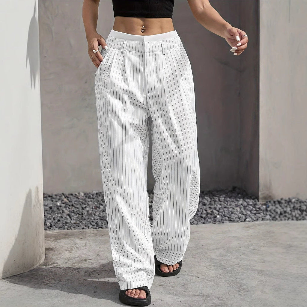 Elegante Damen-Hose mit weitem Bein und Nadelstreifen, hoher Bund, Größe