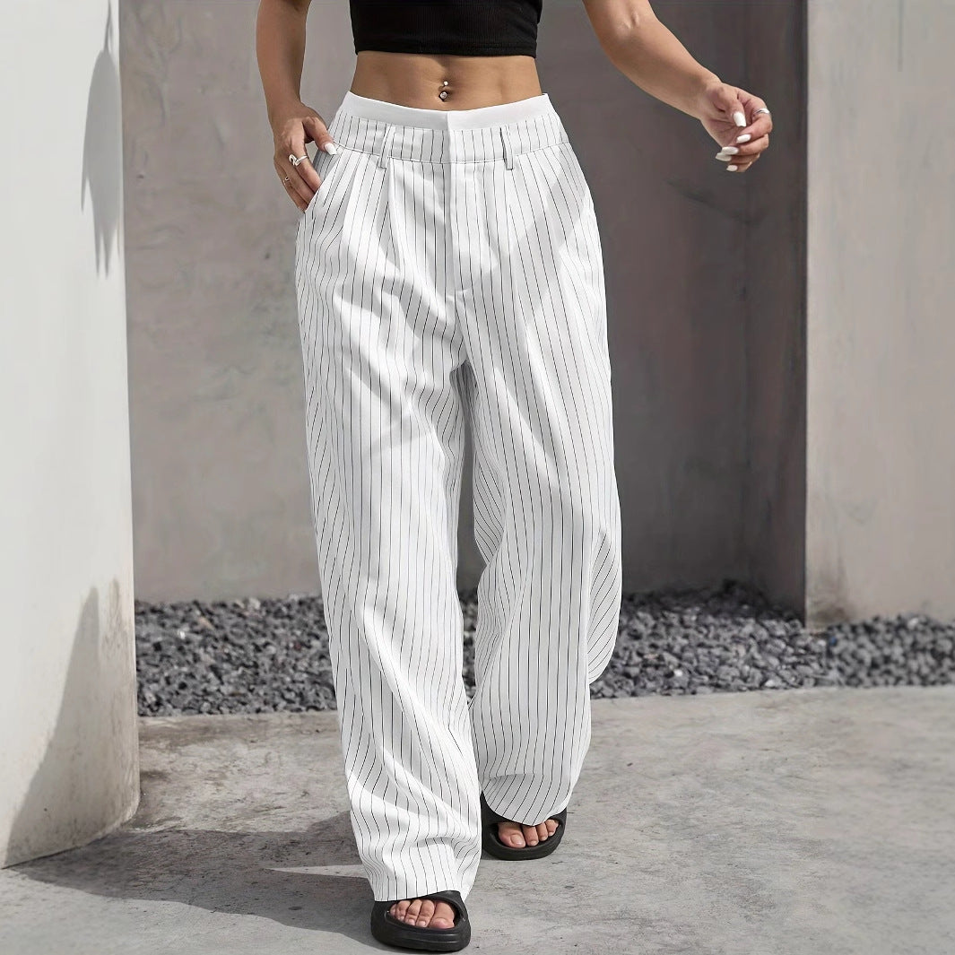 Elegante Damen-Hose mit weitem Bein und Nadelstreifen, hoher Bund, Größe