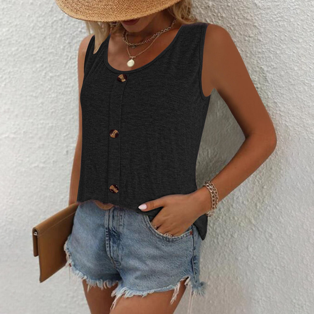 Women's sleeveless top with decorative button placket, size