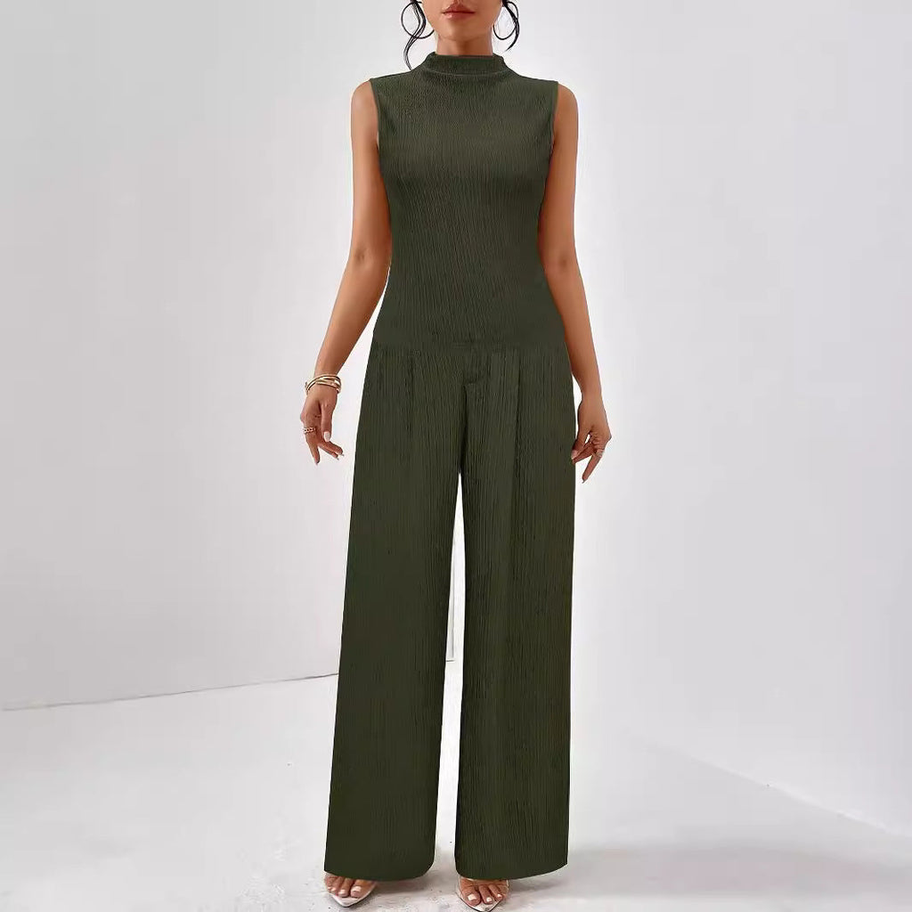 Women's elegant jumpsuit with high collar and wide leg, size