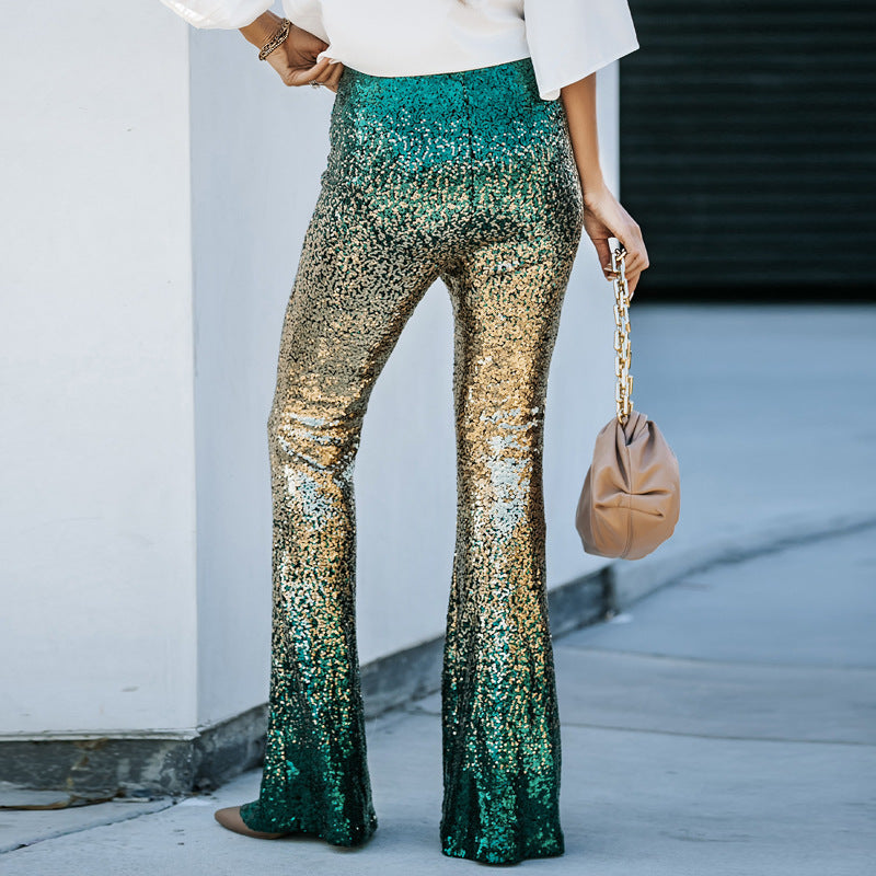 Women's Glittering Flared Trousers with Luxurious Sequin Pattern, Size