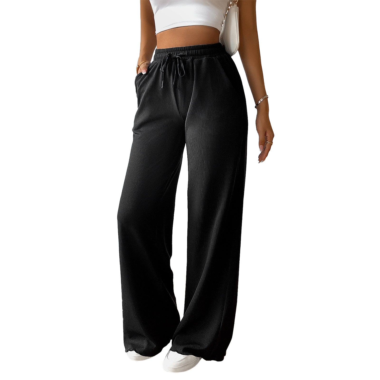 Women's wide-legged summer trousers with elasticated waistband and side pockets, size