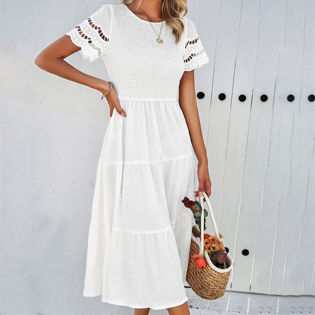 Damen Midikleid mit Puffärmeln und elastischem Oberteil, Größe