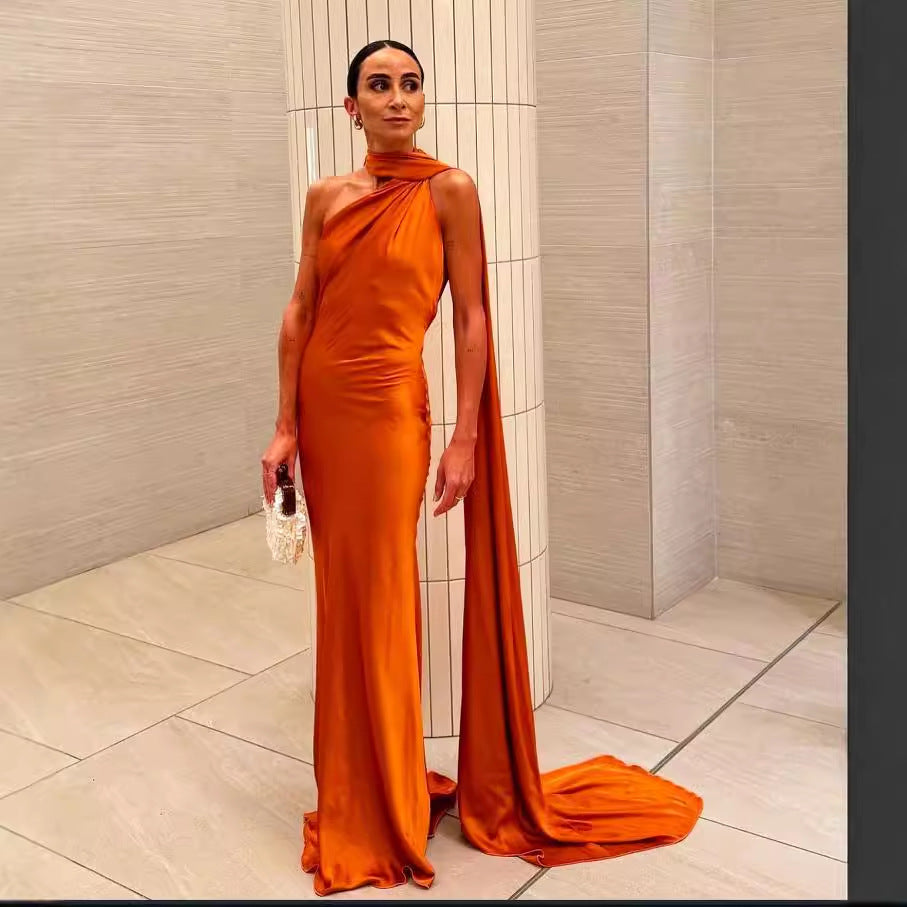 Women's elegant evening dress with a one-sided cape and sophisticated draping, size Valenzora