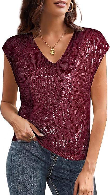 Women's glittery top with a V-neck and loose fit, size [size missing]