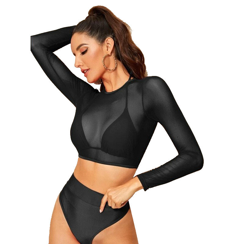 Damen Sport-Bikini-Set mit langärmligem Oberteil und hoher Taille, Größe
