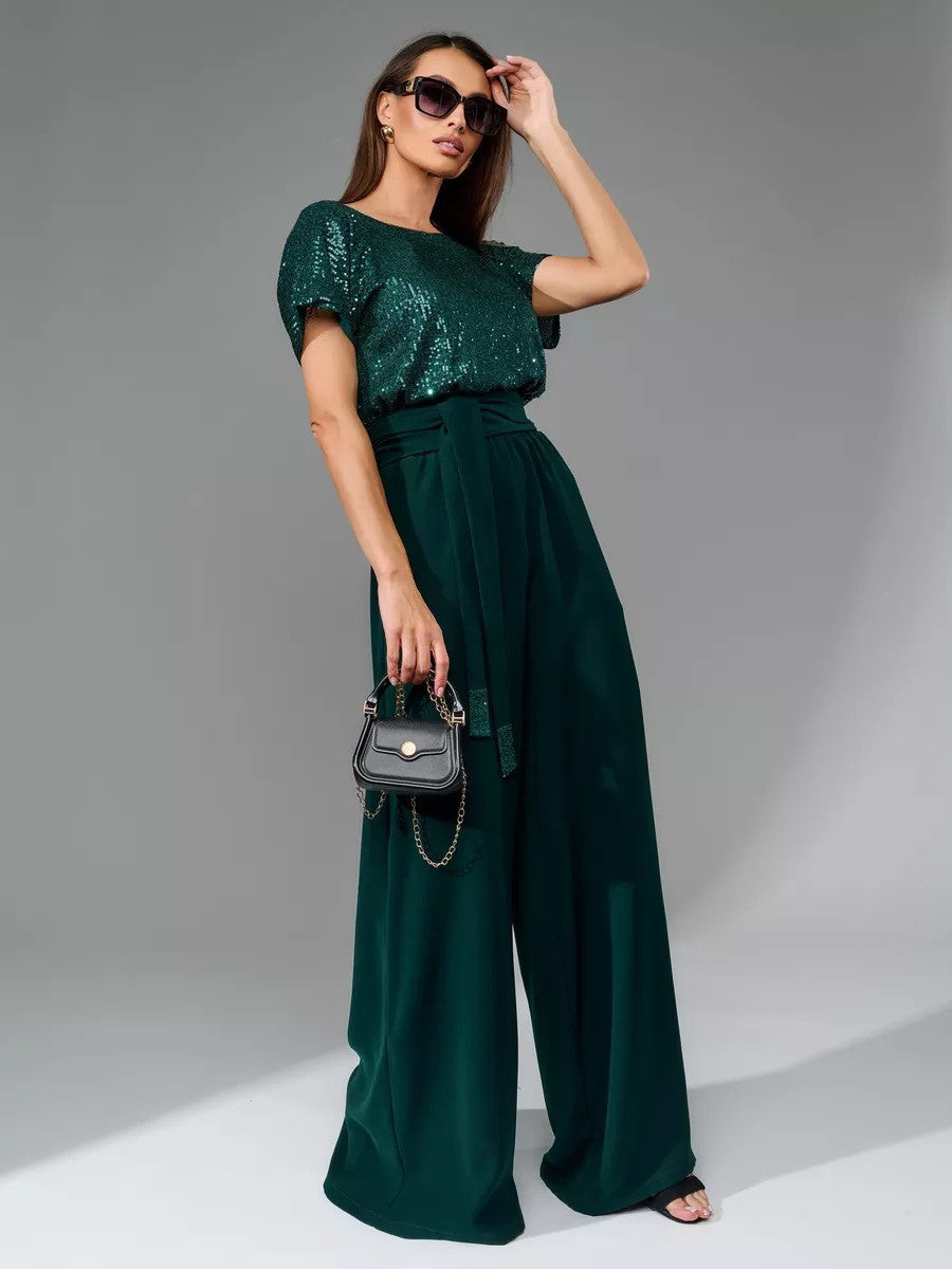Damen-Glamour-Jumpsuit mit Glitzeroberteil und weit geschnittener Hose, Größe