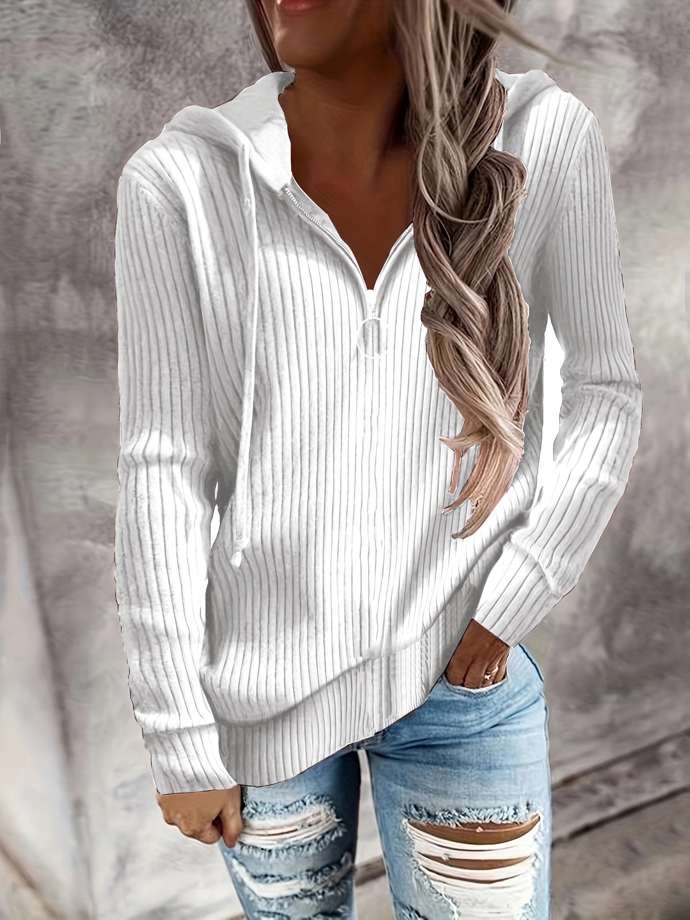 Damen-Kapuzenjacke mit Reißverschluss und lässigem Rippstrick-Design, Größe S