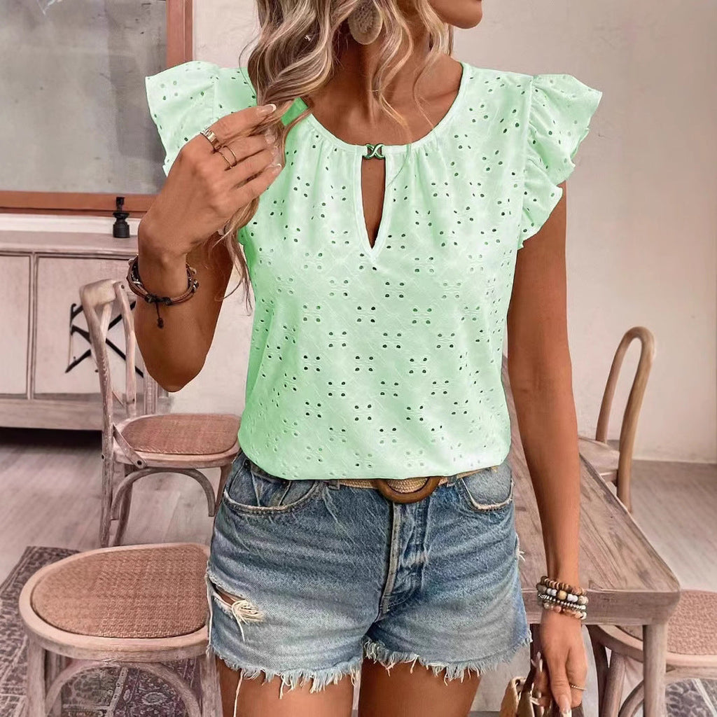 Women's blouse with ruffle details and eyelet embroidery, size