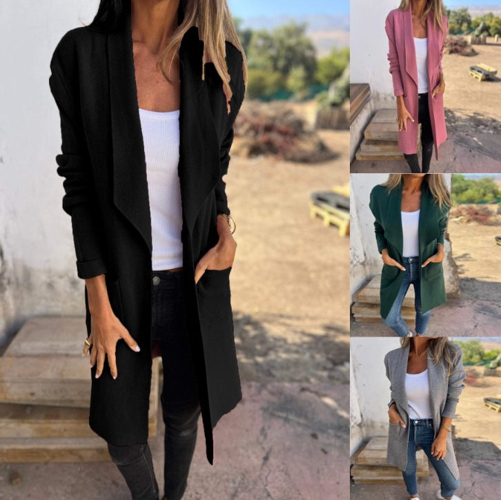 Damen Freizeit-Oversize-Mantel mit offenem Kragen und praktischen Taschen, Größe S