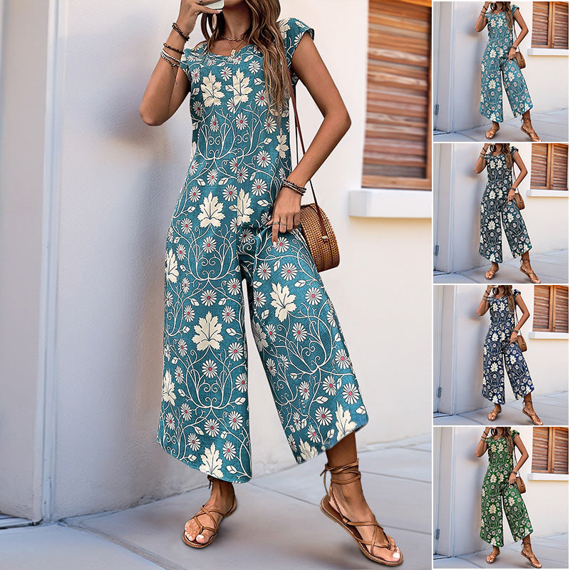 Damen-Jumpsuit mit Blumendesign und kastanienbraunem Bindegürtel, Größe