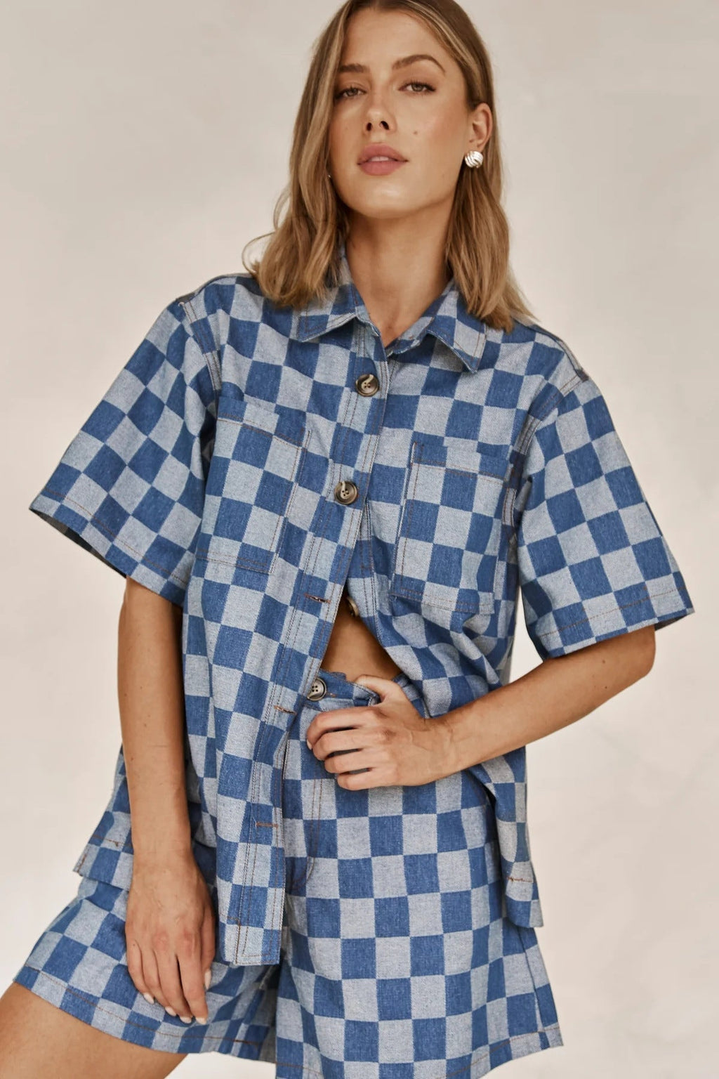 Women's Checkered Denim Shirt Set, Size