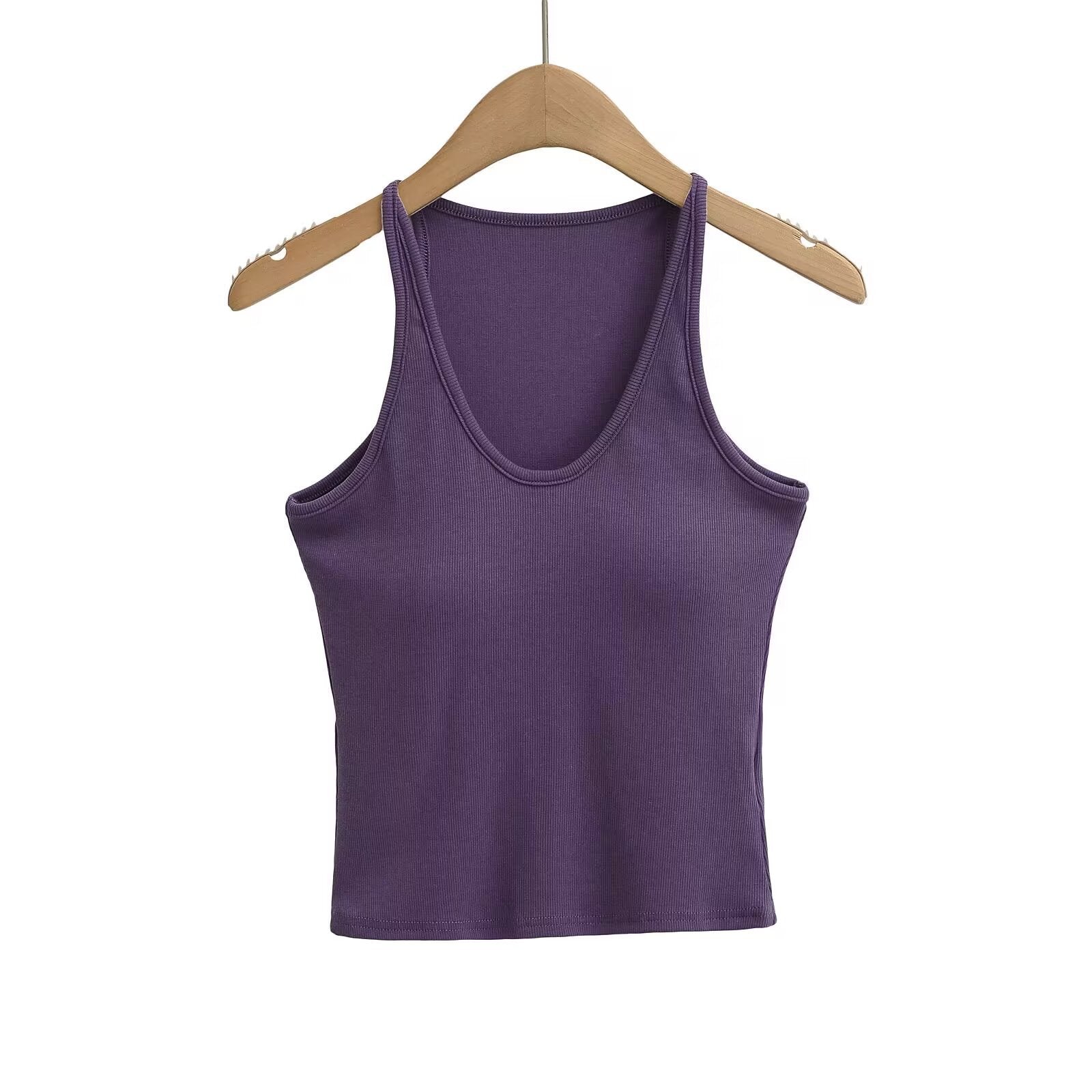Women's sleeveless sports top with deep U-neck and elastic material, size S