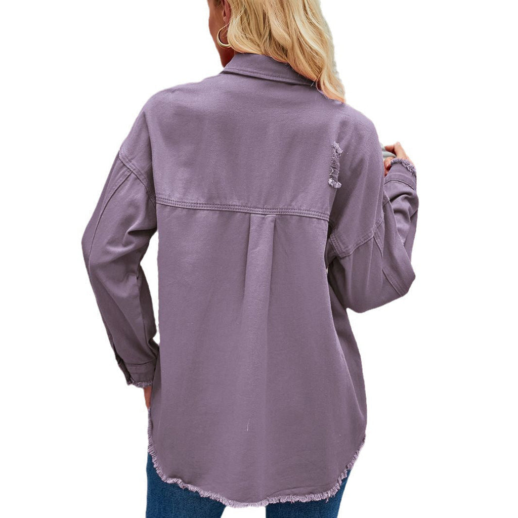 Women's denim shirt jacket in a casual oversized cut with fringed details, size Valenzora