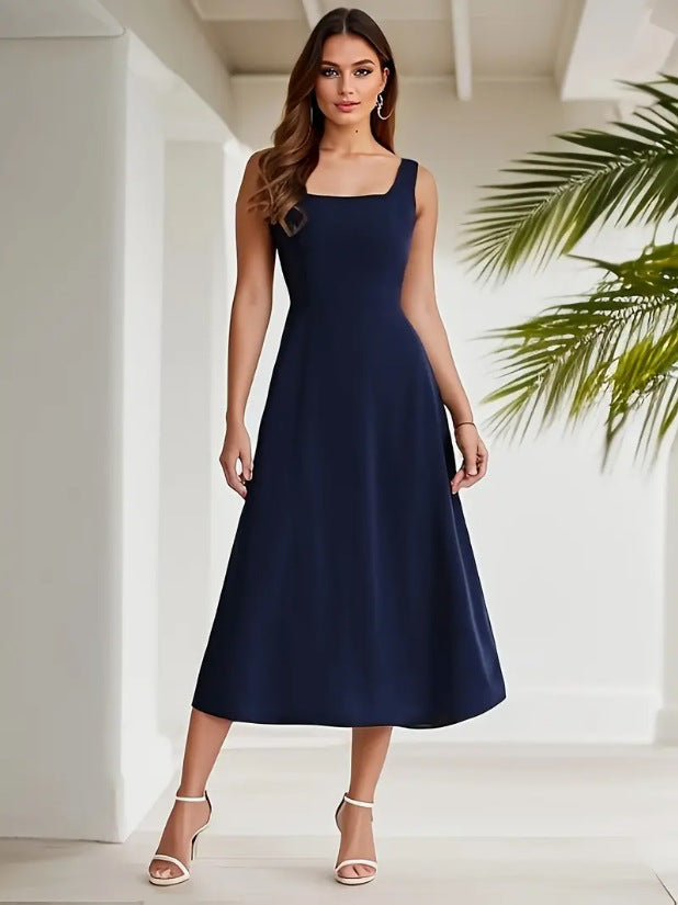 Valenzora | Elegant dress with straps, dark blue color