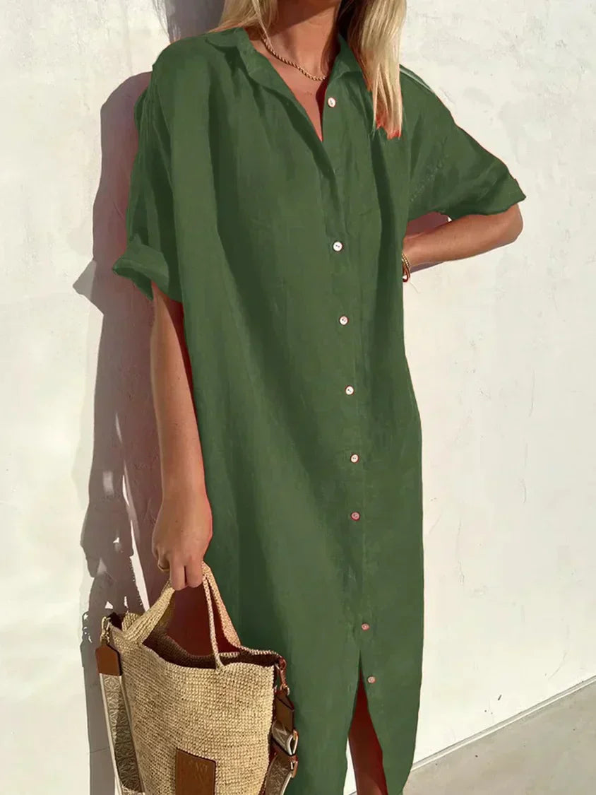 Valenzora | Button-up dress with wide neckline and narrow sleeves, elegant and relaxed, for women, cotton and linen dresses