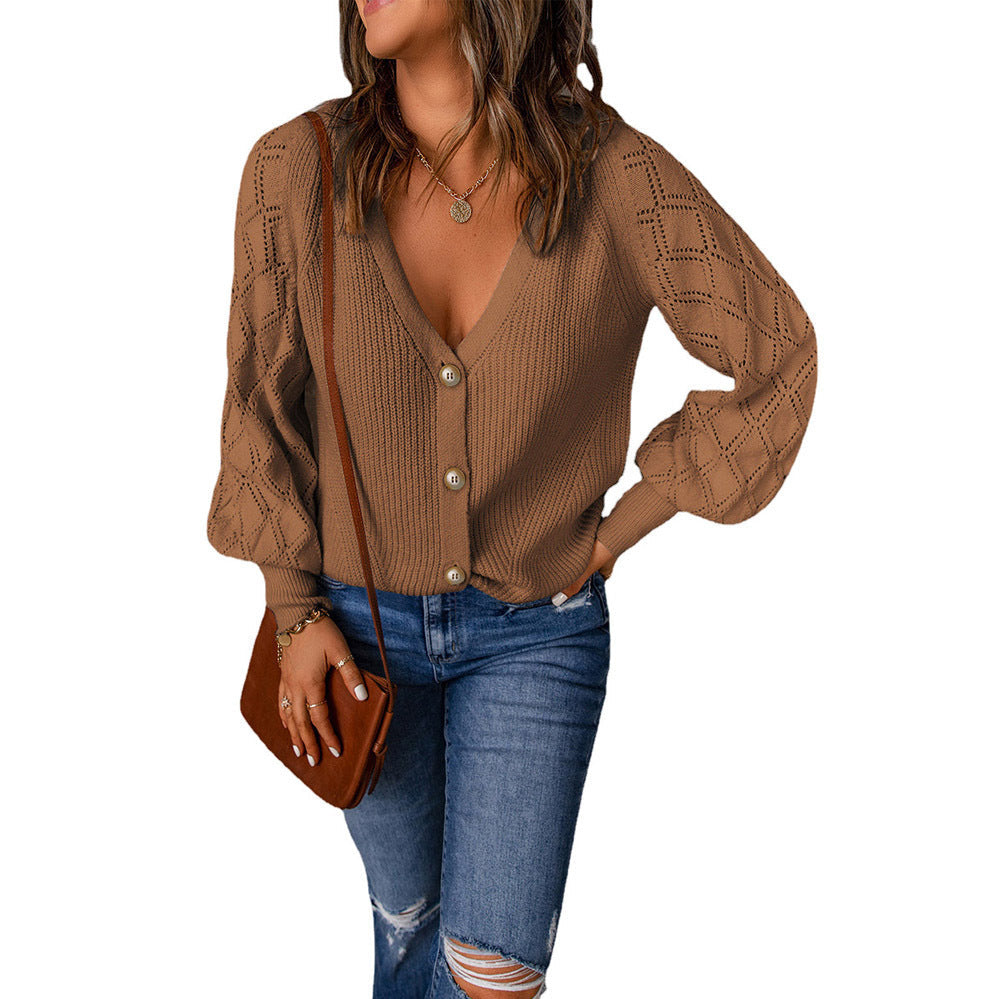 Women's cardigan with V-neck and puff sleeves, size