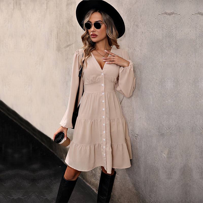 Women's knee-length shirt dress with elegant V-neck and ruffled hem, size [size]