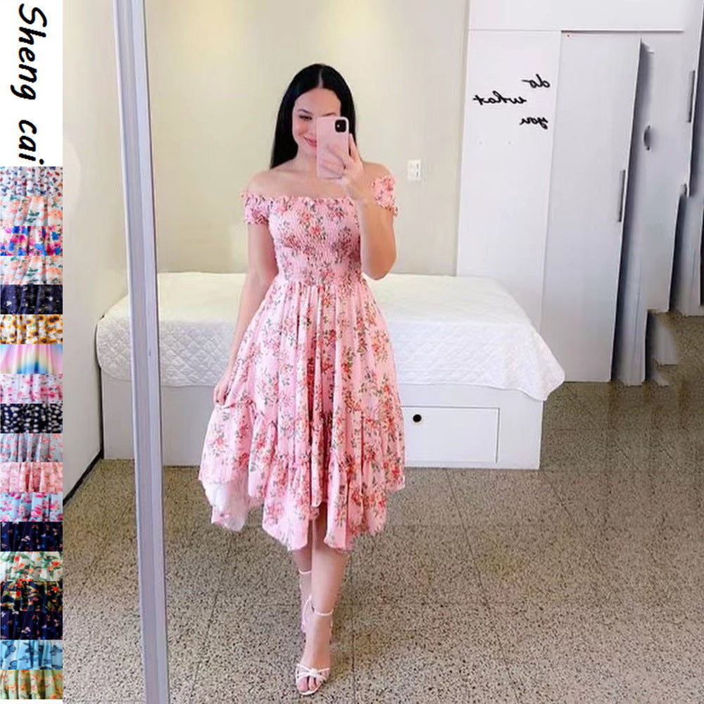 Women's summer off-the-shoulder dress with a colorful butterfly pattern and flowing pleats, size S