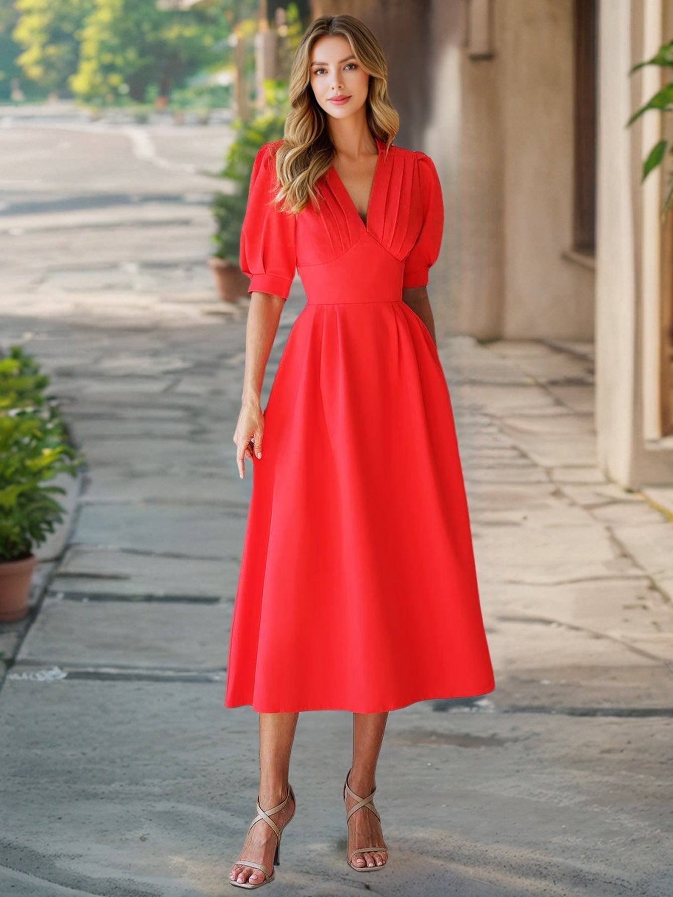Damen-Midikleid mit Puffärmeln Größe