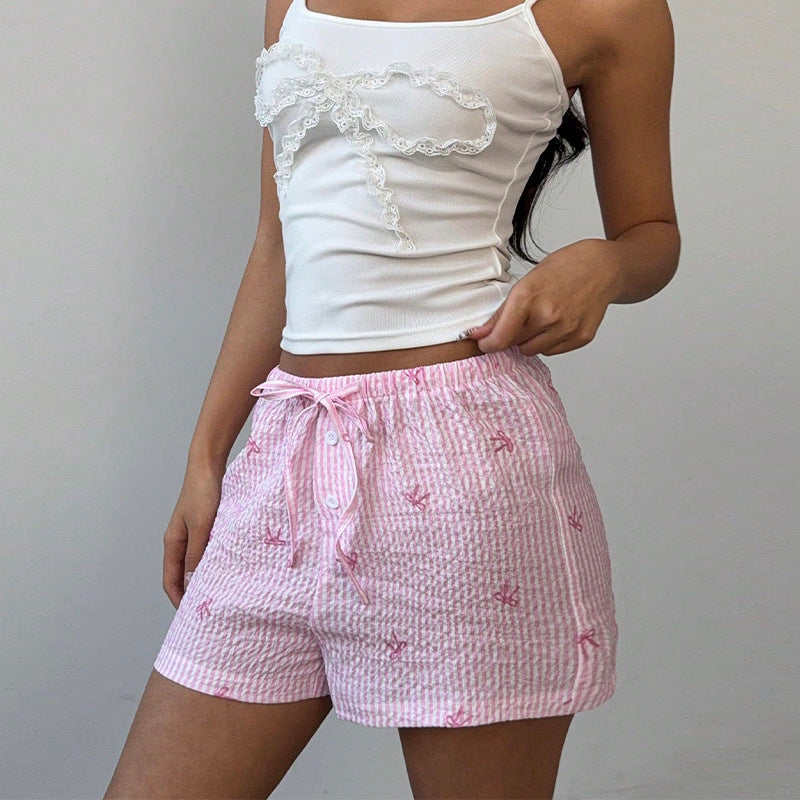 Women's short sleep shorts with a cute striped pattern and decorative embroidery, size S