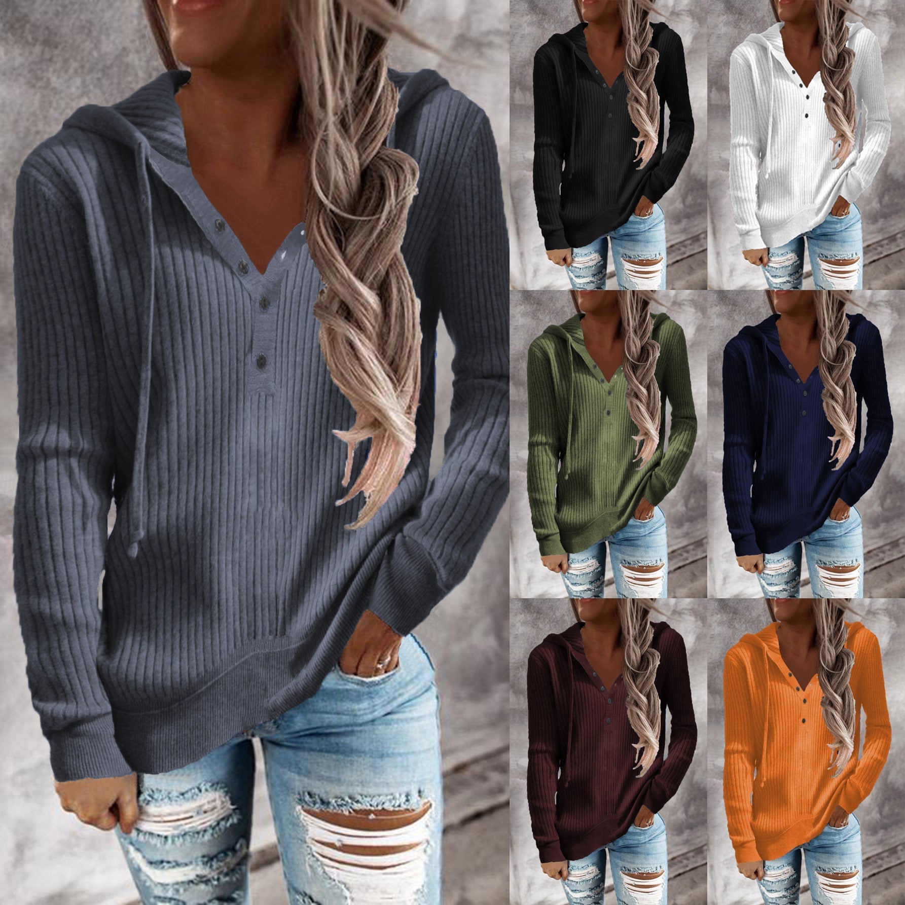 Kapuzenpullover für Damen mit Strukturrippenmuster und praktischen Knopfdetails, Größe S