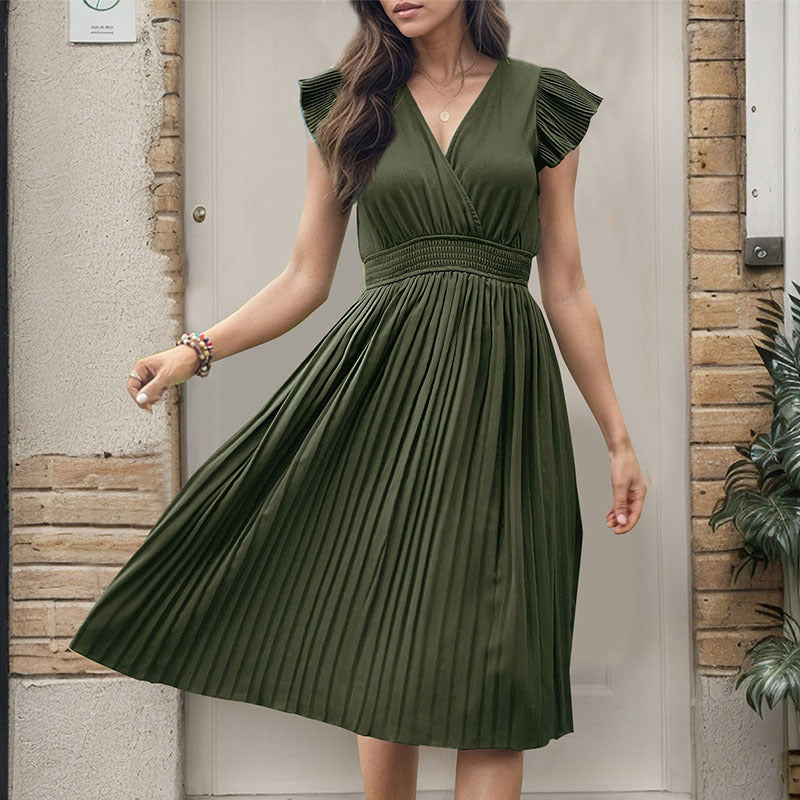 Women's midi dress with elegant pleated detail and V-neck, size