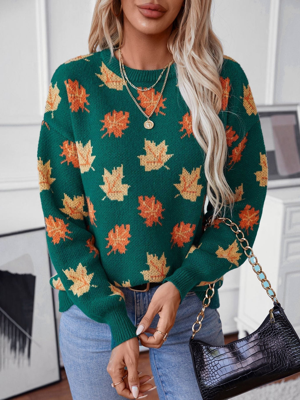 Valenzora Maple Leaf Jacquard Casual Pullover Sweater