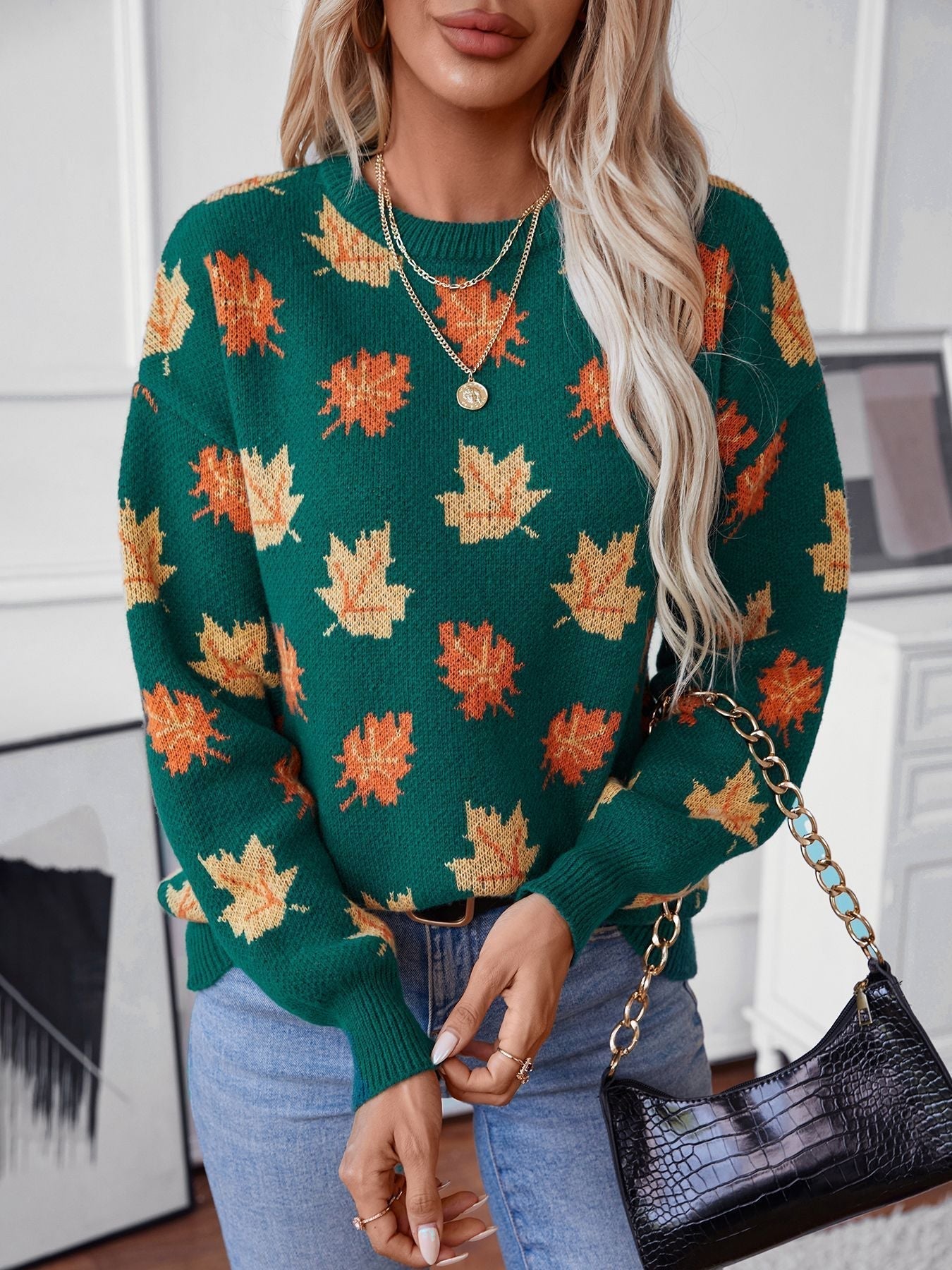 Valenzora Maple Leaf Jacquard Casual Pullover Sweater