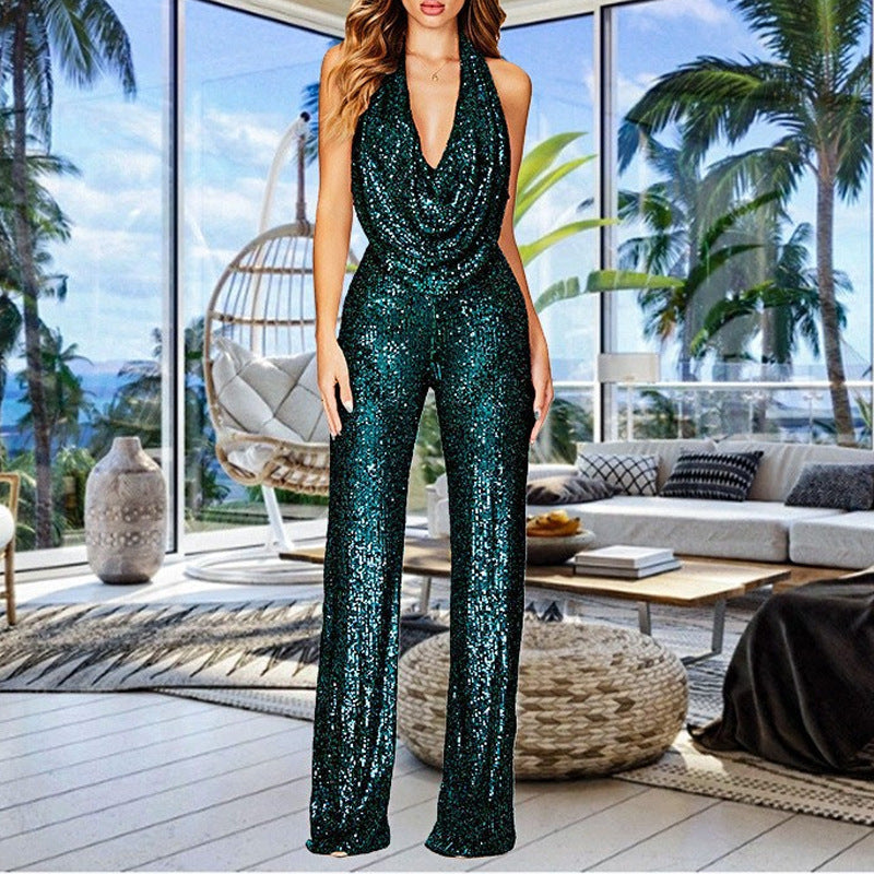 Damen Jumpsuit, glamourös, mit schimmernden Pailletten-Applikationen und tiefem V-Ausschnitt, Größe S