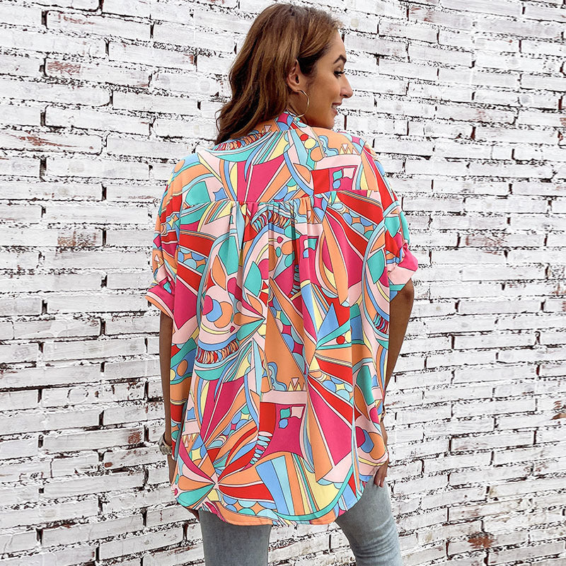 Damen-Bluse, bunt, mit geometrischem Muster und modischer Knopfleiste, Größe