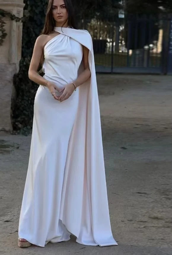 Women's elegant evening dress with a one-sided cape and sophisticated draping, size Valenzora