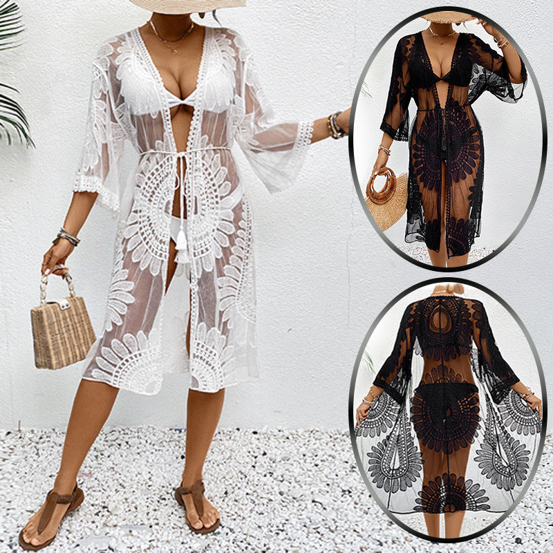 Eleganter Häkel-Strandwickel für Damen mit voluminösen Ärmeln und stilvollem Design, Größe S