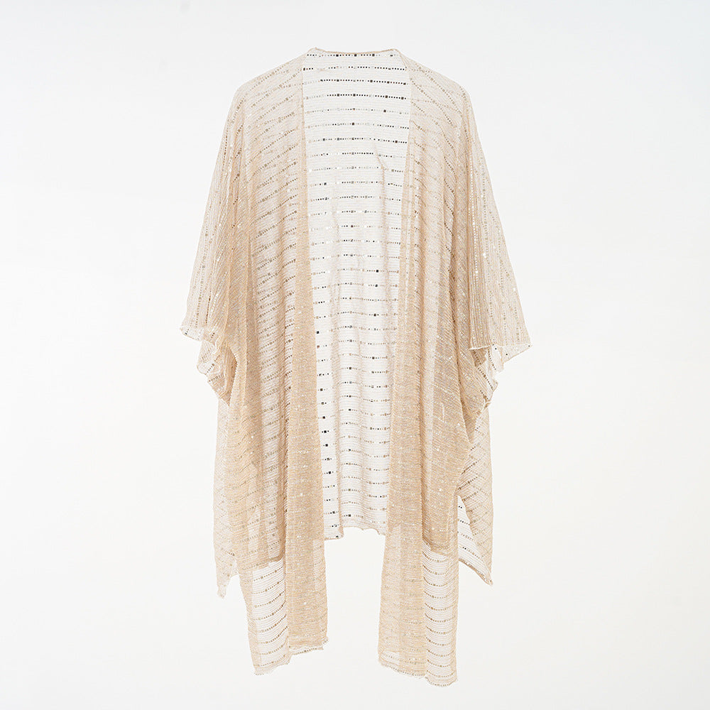Women's elegant kaftan wrap with a fine crocheted design and asymmetrical edges, size Valenzora