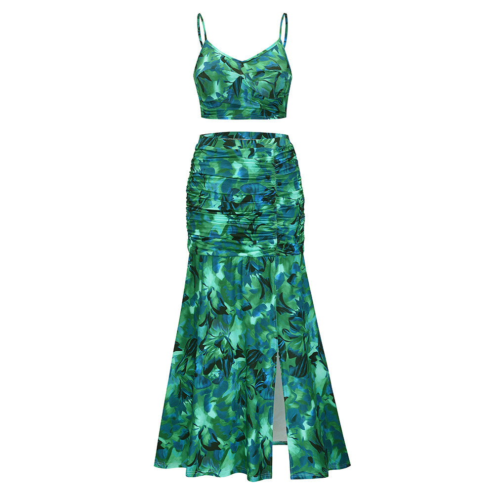 Valenzora | Spaghetti Strap Sleeveless Crop Top High Slit Long Skirt Set
