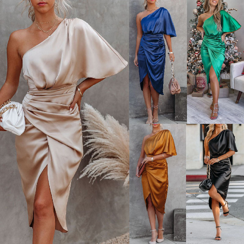 Damen-Satin-Abendkleid mit asymmetrischem Design und raffinierten Rüschen, Größe