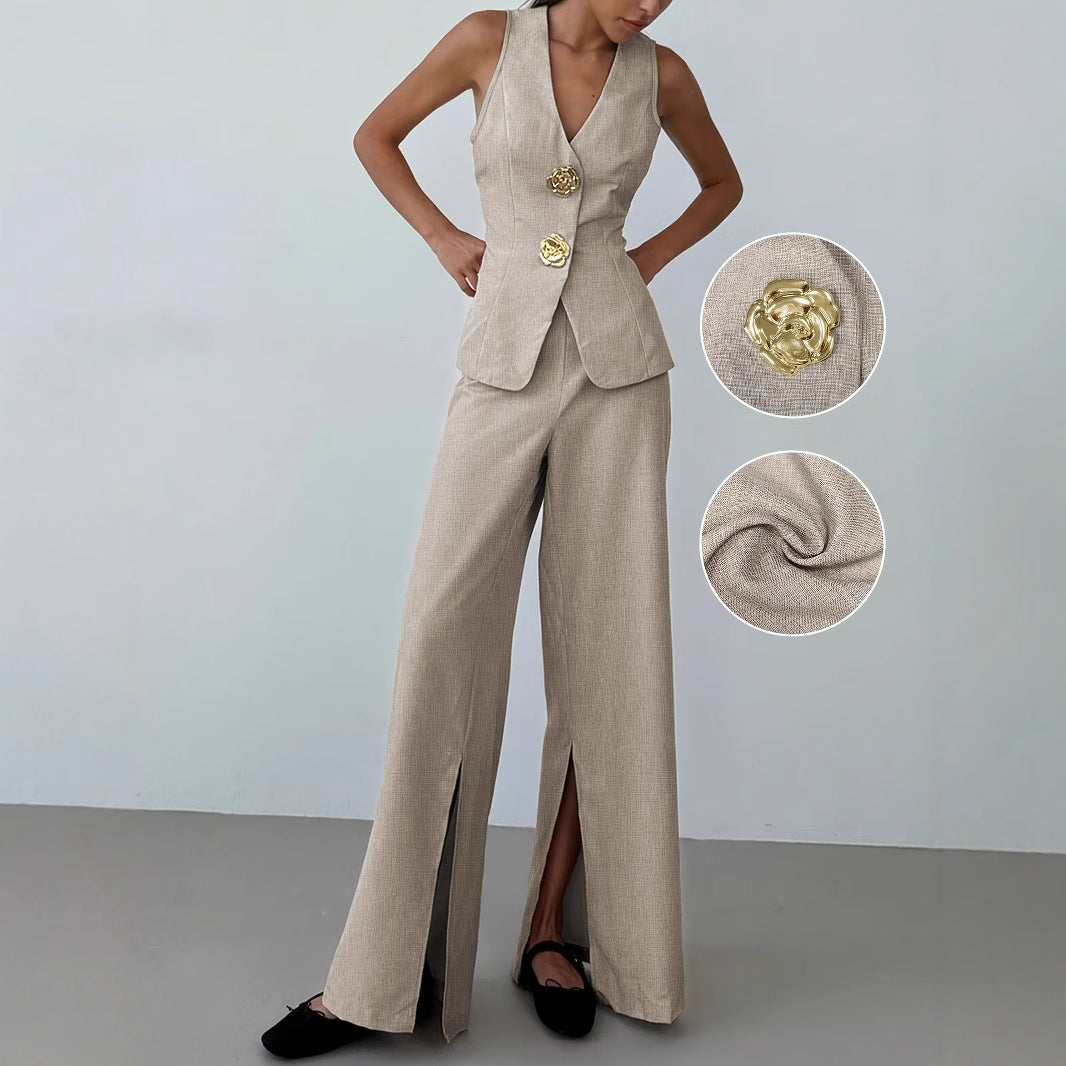 Elegantes Damen-Ensemble bestehend aus einem ärmellosen Blazer und einer weit geschnittenen Hose, Größe S