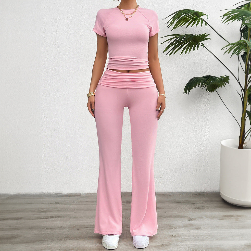 Women's casual loungewear set with cropped top and wide-leg trousers, size