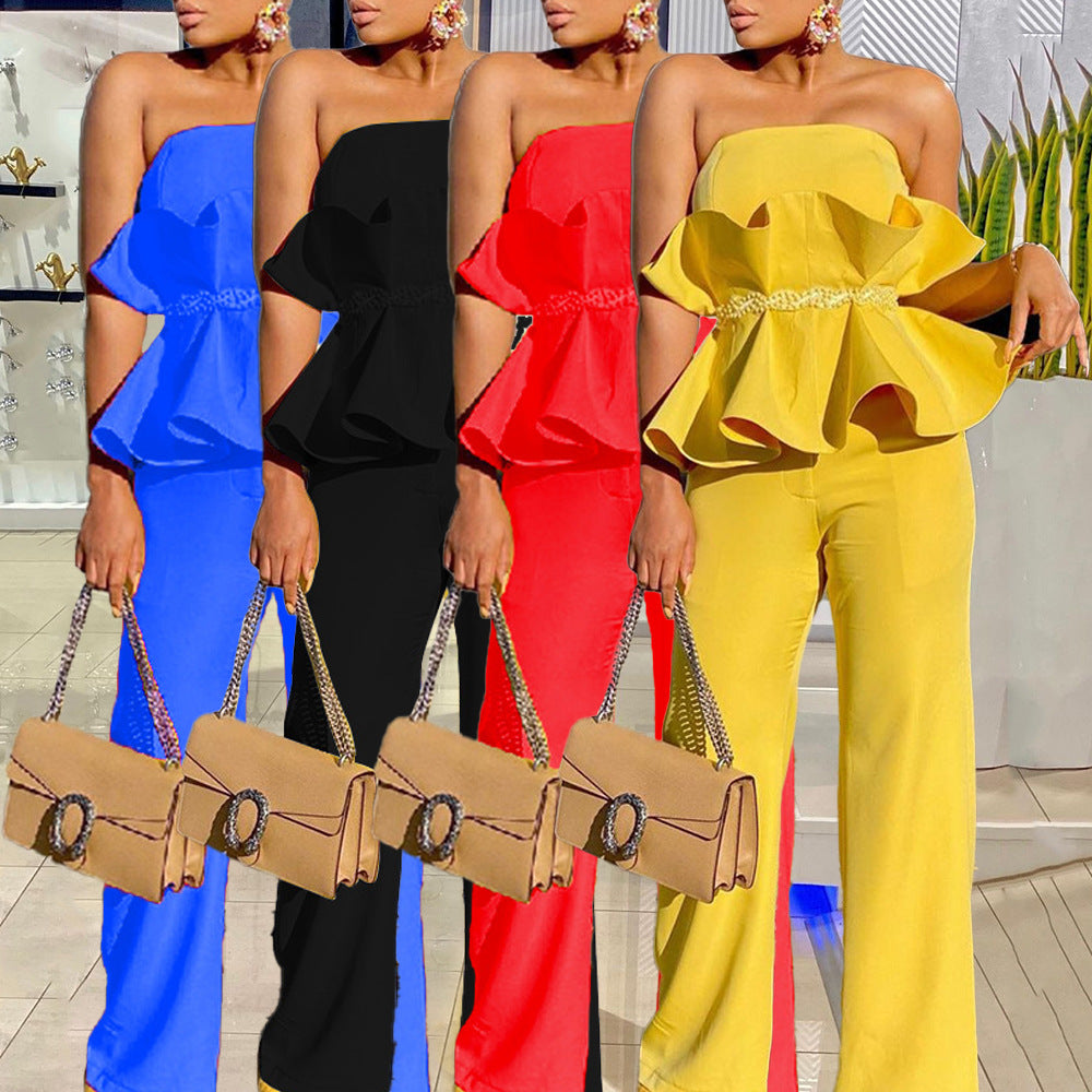 Damen-Jumpsuit mit voluminösen Rüschen und schulterfreiem Oberteil, Größe