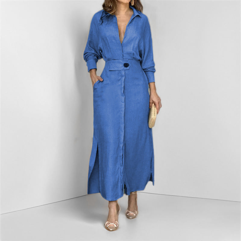 Women's shirt dress with deep V-neck and elegant button detail Drune