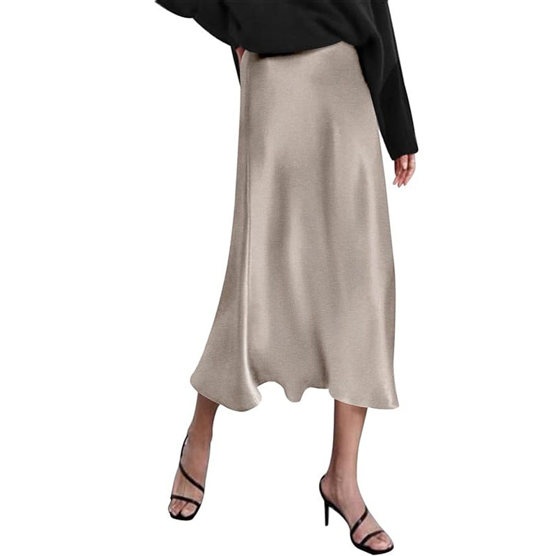 Women's elegant midi skirt in satin viscose with a flowing drape, size Valenzora