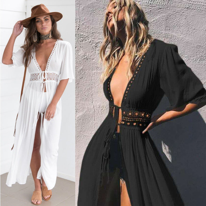 Damen Strand-Wickelkleid mit tiefem V-Ausschnitt und exquisiten Ausschnittdetails, Größe Valenzora