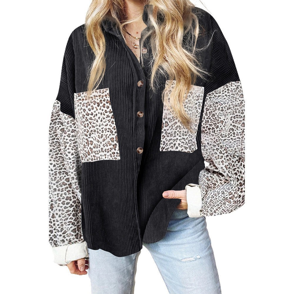Women's trendy corduroy jacket with leopard details, size