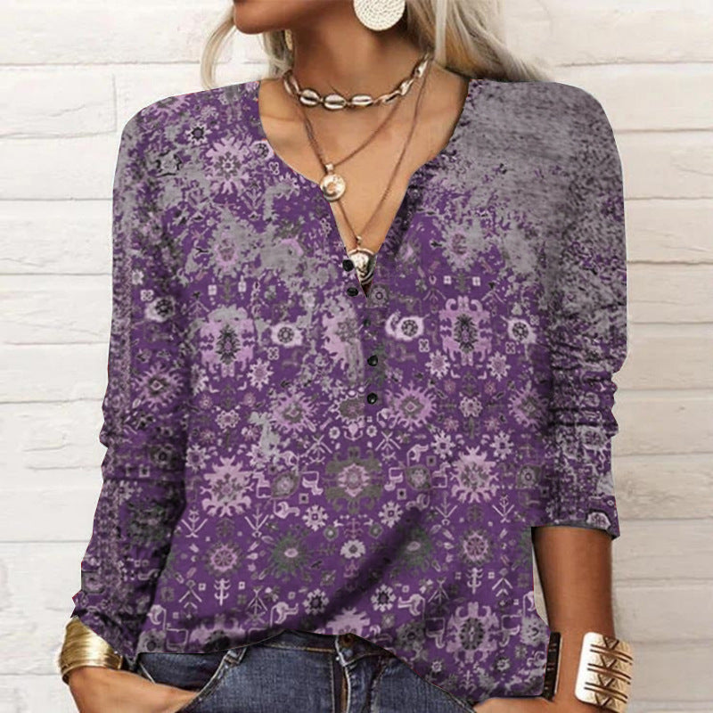 Women's long-sleeved shirt with detailed print and button placket, size